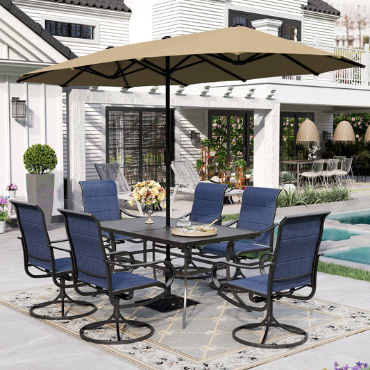 Sophia & William 8-Piece Outdoor Patio Dining Set with 13ft Beige Umbrella, Rectangle Table & Padded Textilene Chairs Furniture Set