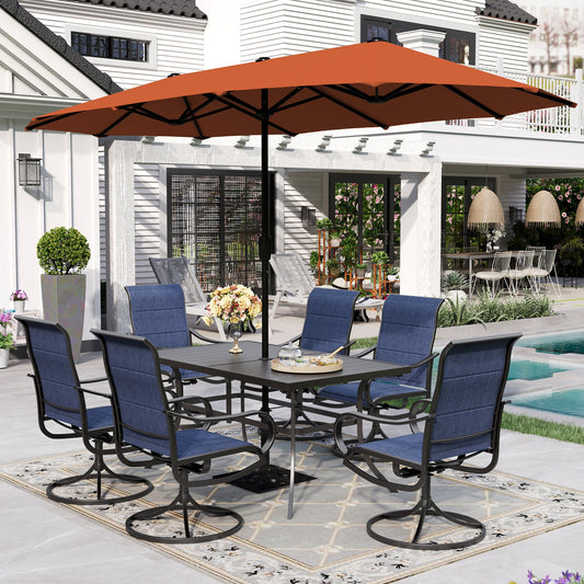 Sophia & William 8-Piece Outdoor Patio Dining Set with 13ft Orange Red Umbrella, Rectangle Table & Padded Textilene Chairs Furniture Set