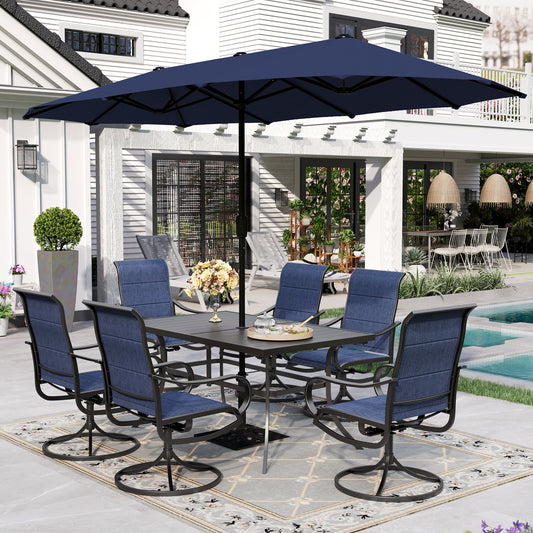 Sophia & William 8-Piece Outdoor Patio Dining Set with 13ft Navy Umbrella, Rectangle Table & Blue Padded Textilene Chairs Furniture Set