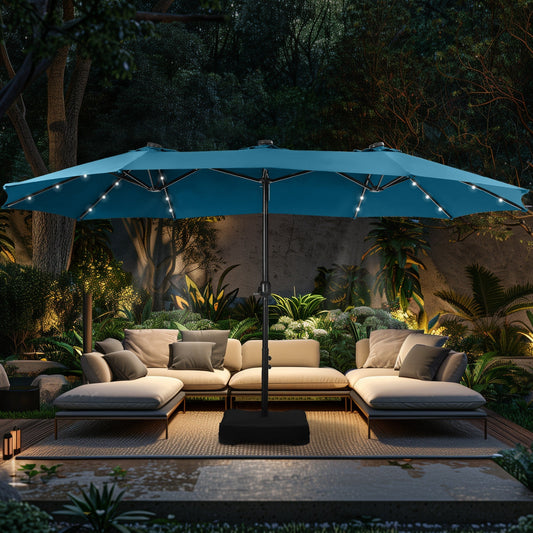 Alpha Joy 15ft Extra Large Outdoor Patio Double-Sided Umbrella with Solar Lights & Umbrella Base, Cerulean