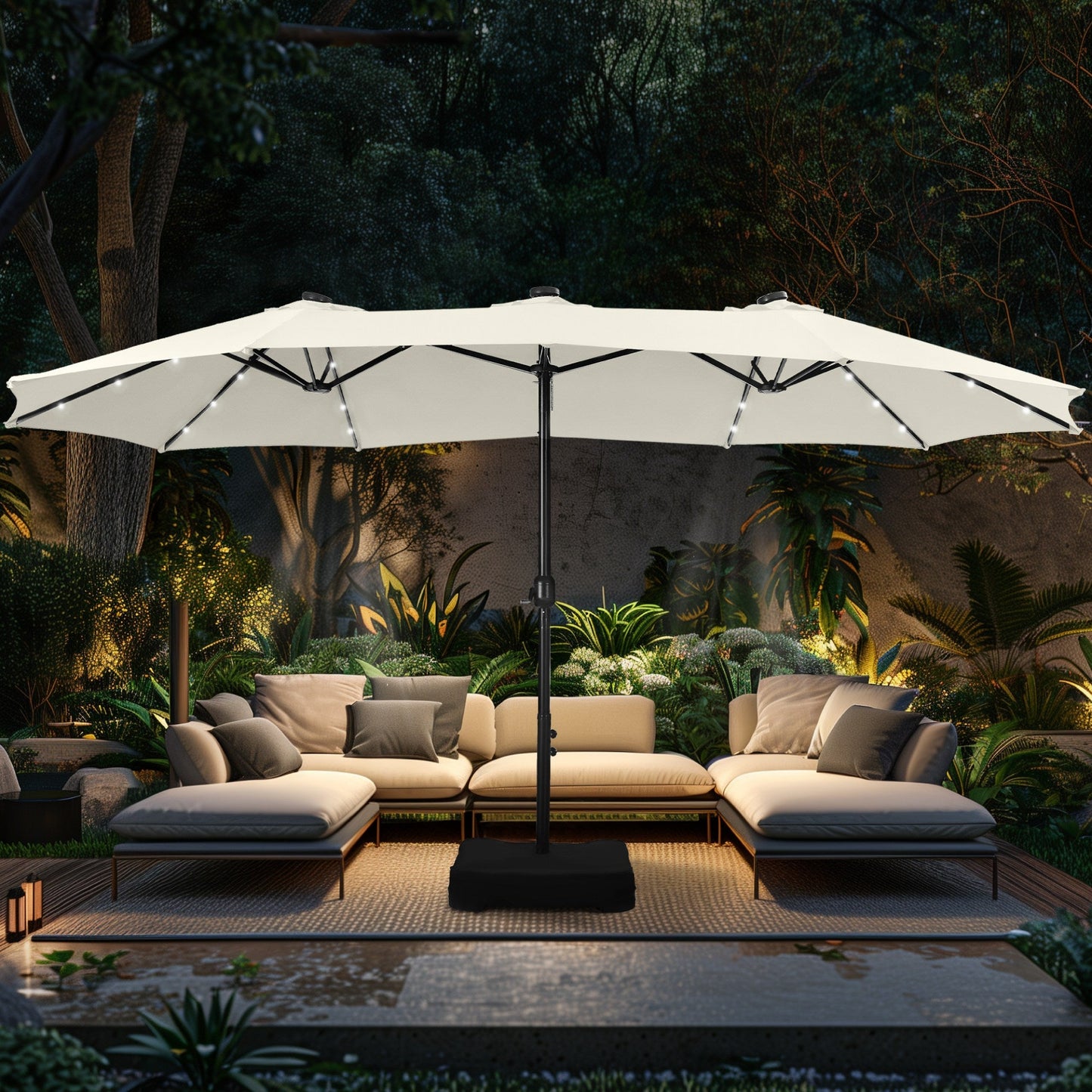 Alpha Joy 15ft Extra Large Outdoor Patio Double-Sided Umbrella with Solar Lights & Umbrella Base, Ivory