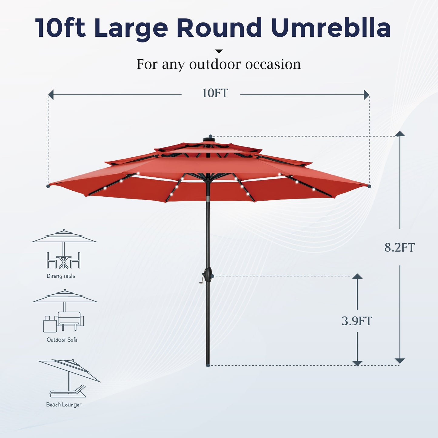 Alpha Joy 10ft 3 Tier Auto-tilt Outdoor Patio Umbrella Beach Garden Double Vented Table Umbrella with Solar Lights, Orange Red