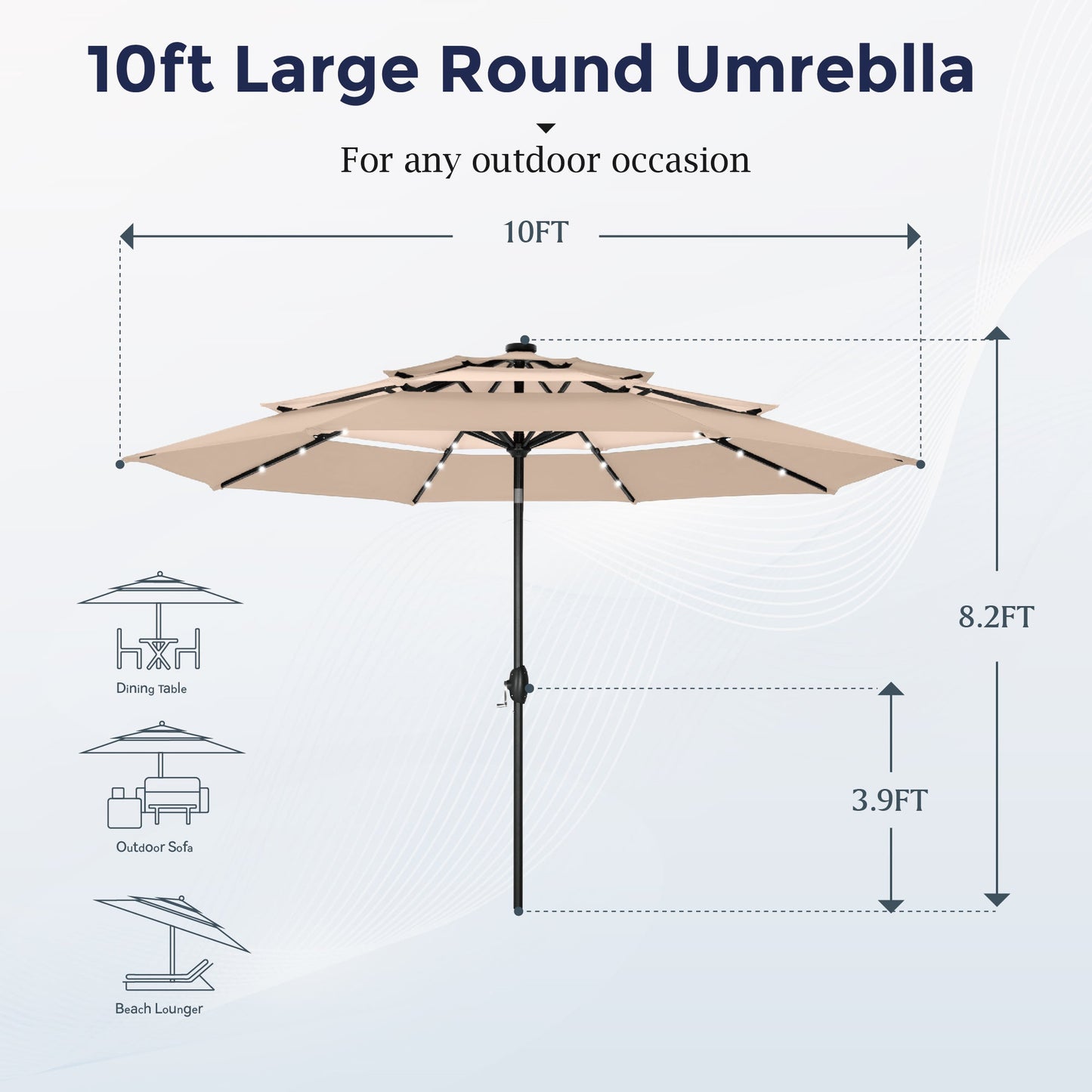 Alpha Joy 10ft 3 Tier Auto-tilt Outdoor Patio Umbrella Beach Garden Double Vented Table Umbrella with Solar Lights, Beige & Tan