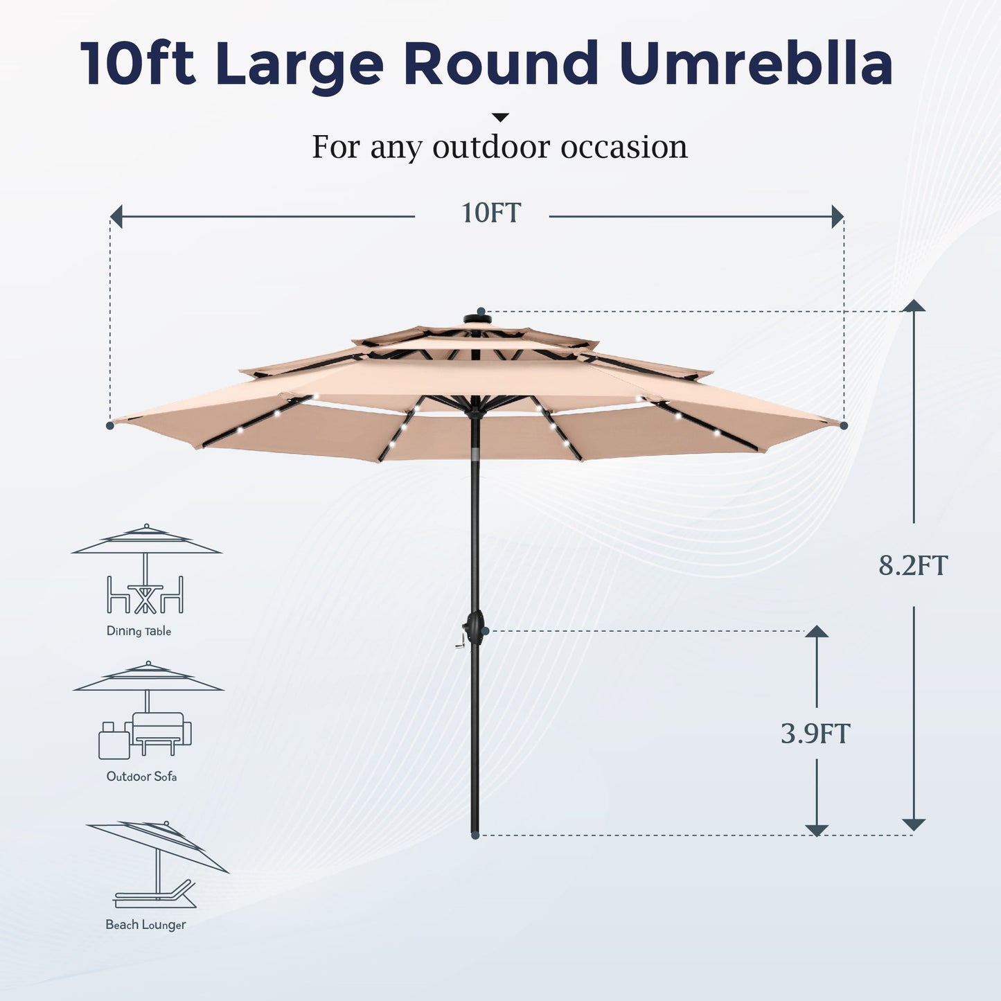 Alpha Joy 10ft 3 Tier Auto-tilt Outdoor Patio Umbrella Beach Garden Double Vented Table Umbrella with Solar Lights, Beige