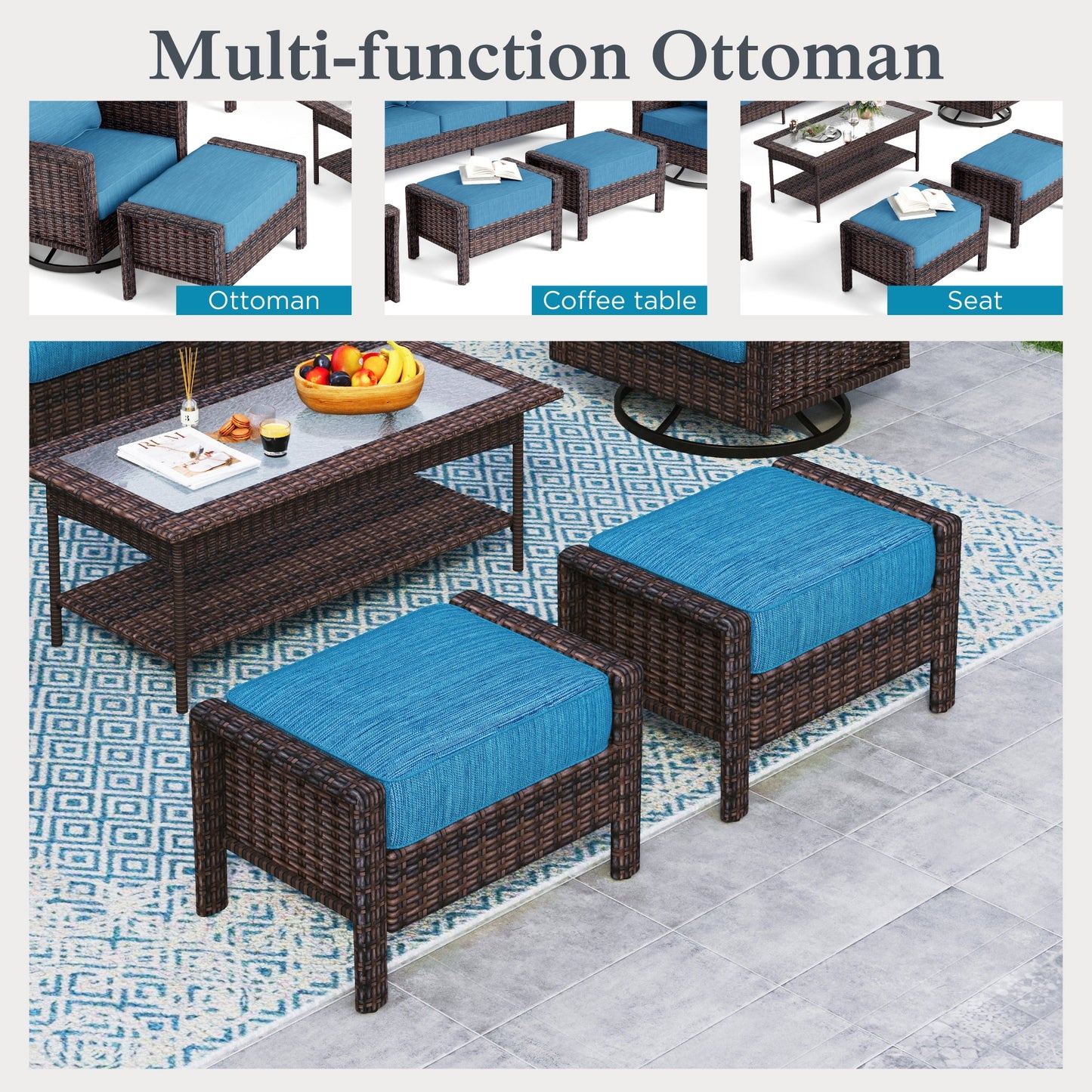 Sophia & William 6 Pieces Wicker Patio Conversation Set 7-Seat Outdoor Furniture Set with Swivel Chairs, Pacific Blue