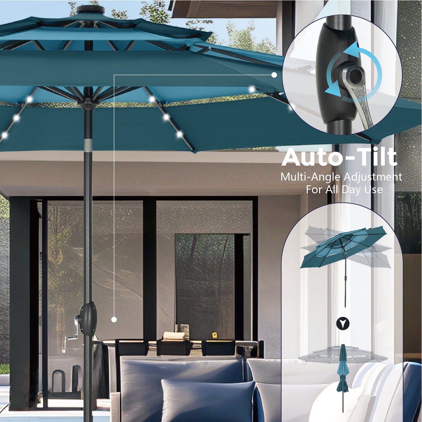 Alpha Joy 10ft 3 Tier Auto-tilt Outdoor Patio Umbrella Beach Garden Double Vented Table Umbrella with Solar Lights, Peacock Blue & Cerulean