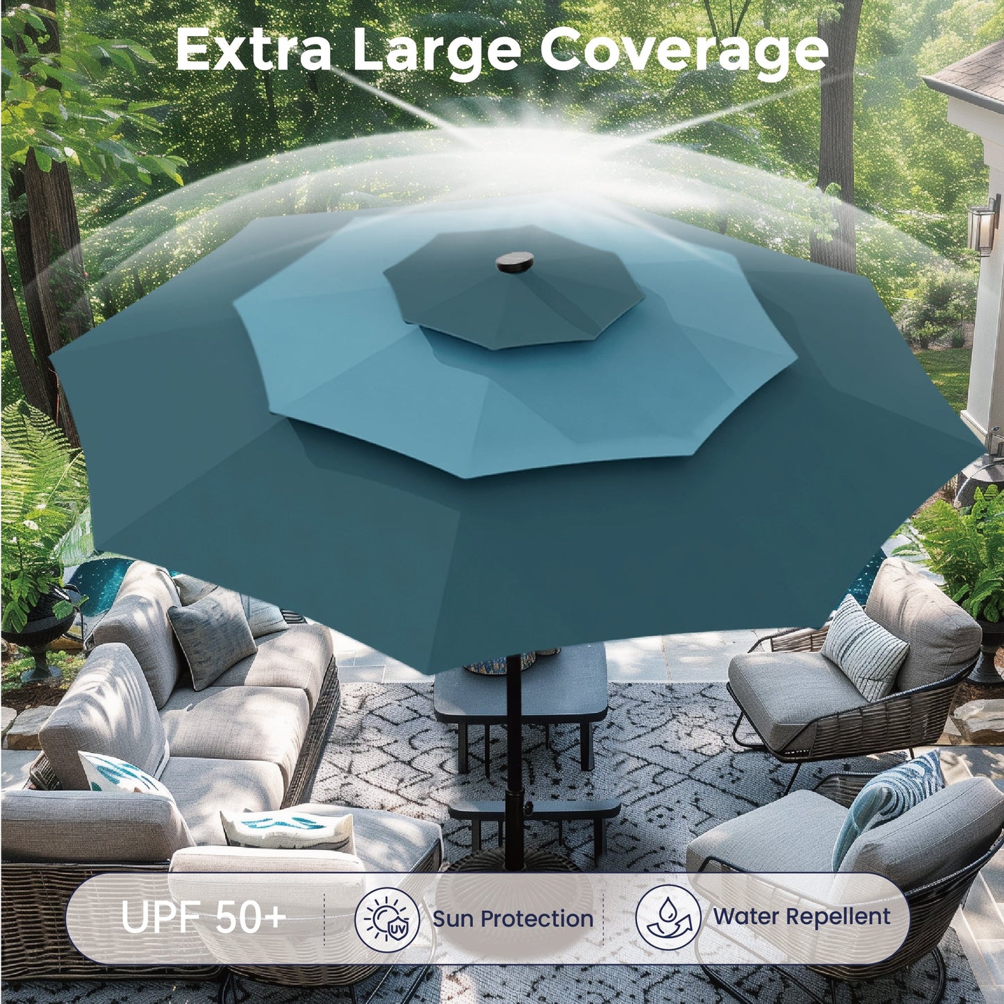 Alpha Joy 10ft 3 Tier Auto-tilt Outdoor Patio Umbrella Beach Garden Double Vented Table Umbrella with Solar Lights, Peacock Blue & Cerulean