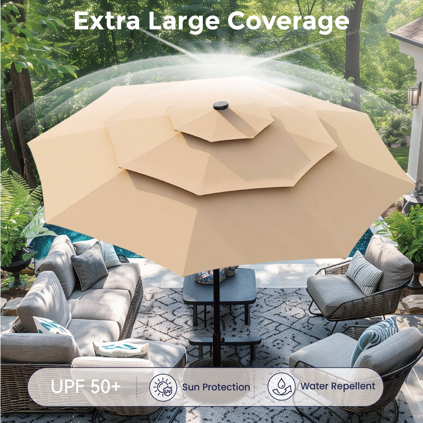 Alpha Joy 10ft 3 Tier Auto-tilt Outdoor Patio Umbrella Beach Garden Double Vented Table Umbrella with Solar Lights, Beige