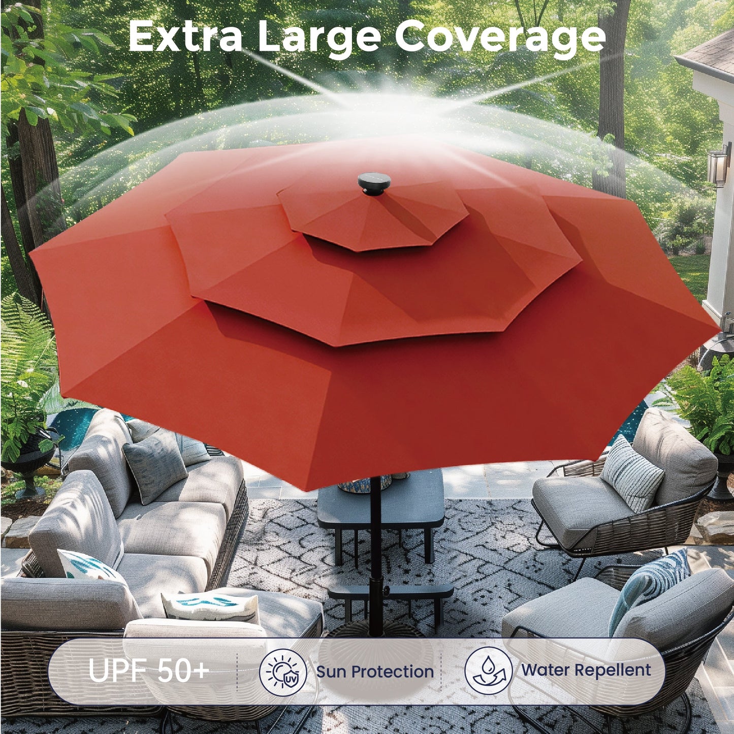 Alpha Joy 10ft 3 Tier Auto-tilt Outdoor Patio Umbrella Beach Garden Double Vented Table Umbrella with Solar Lights, Orange Red