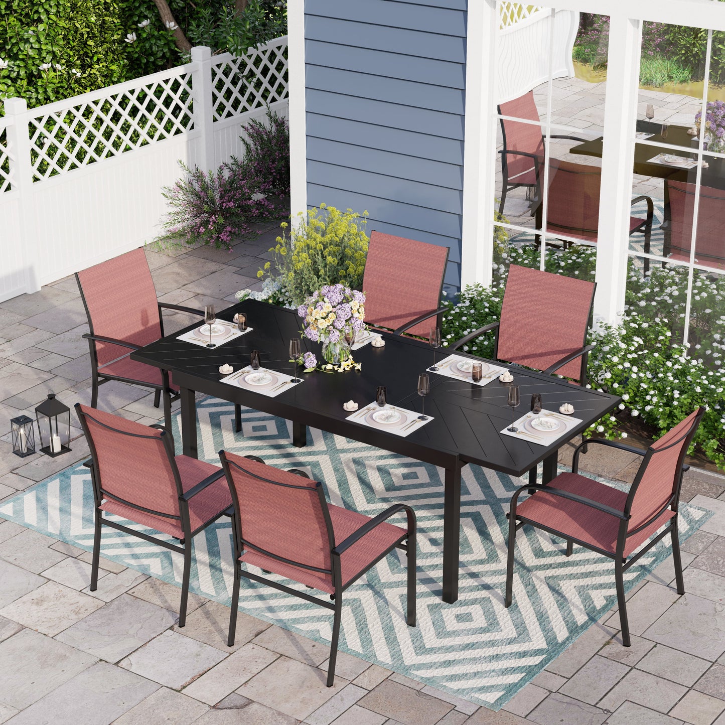 7 Piece Patio Metal Dining Set Extendable Table and 6 Red Textilene Chairs