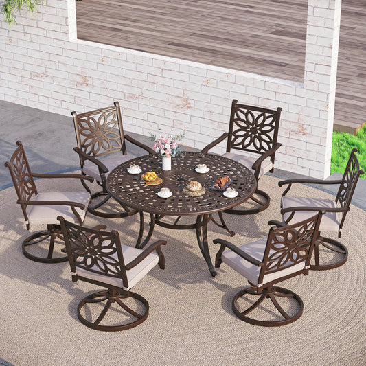 Sophia & William 7 Pieces Cast Aluminium Patio Dining Furniture Set for 6, Powder-coating Outdoor Swivel Rocking Dining Chairs and Round Table with 2.2" Umbrella Hole for Porch Backyard Deck, Bronze