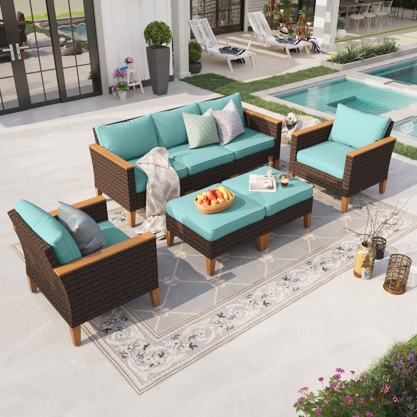 Sophia & William 7 Piece Outdoor Wicker Patio Conversation Sofa Set Outdoor Sectionals, Turquoise