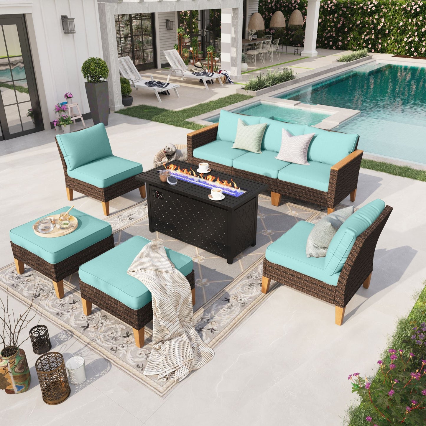 Sophia & William 8 Piece Outdoor Wicker Patio Conversation Sofa Set with Fire Pit Table, Turquoise