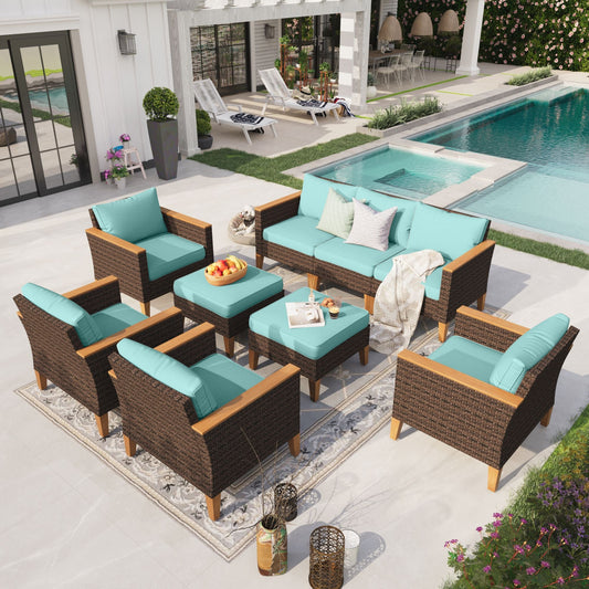 Sophia & William 9 Piece Patio Furniture Set Outdoor Wicker Conversation Set, Turquoise