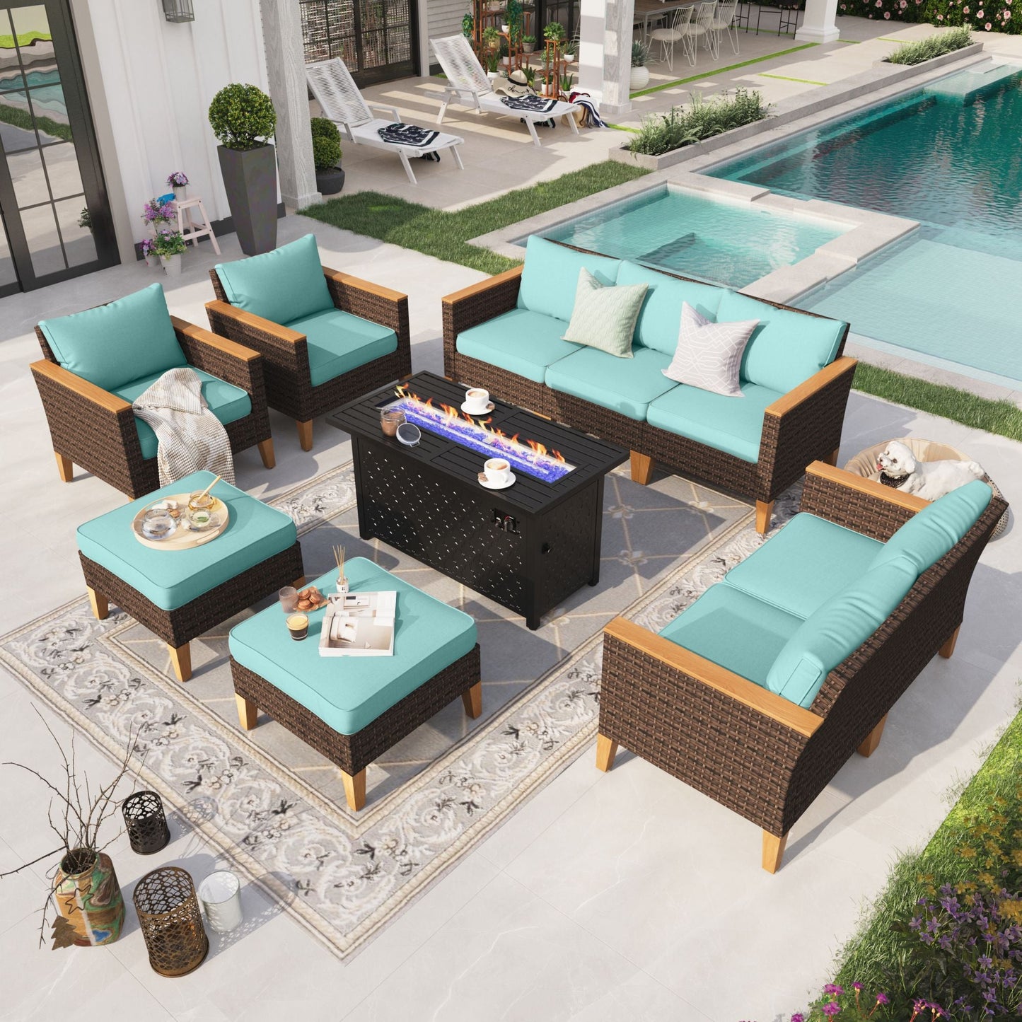 Sophia & William 10 Piece Outdoor Wicker Patio Conversation Sofa Set with Fire Pit Table, Turquoise