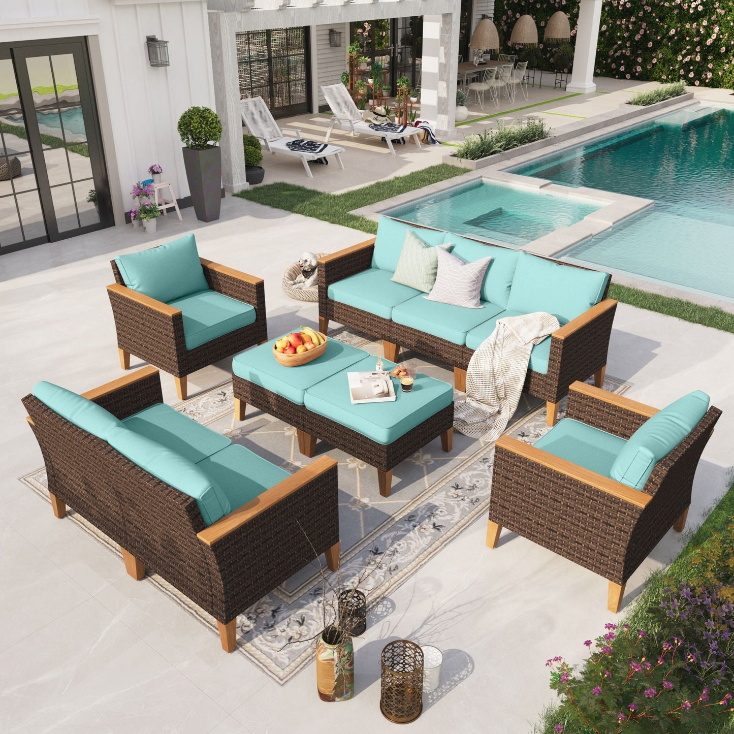 Sophia & William 9 Piece Outdoor Wicker Patio Conversation Sofa Set Outdoor Sectionals, Turquoise