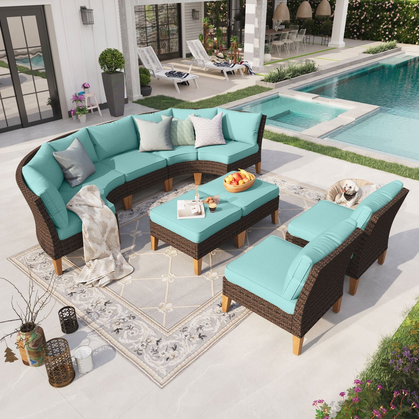 Sophia & William 9 Piece Outdoor Wicker Patio Conversation Sofa Set Outdoor Sectionals, Turquoise