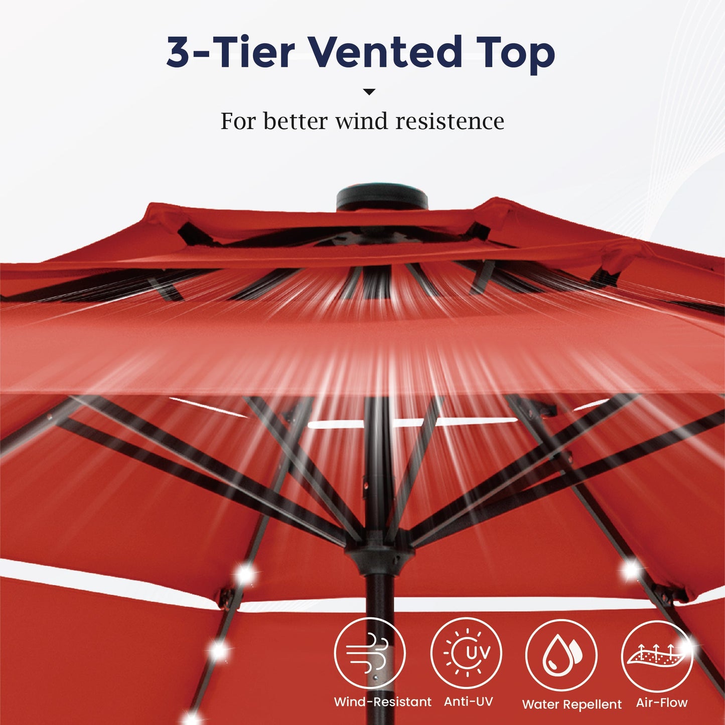 Alpha Joy 10ft 3 Tier Auto-tilt Outdoor Patio Umbrella Beach Garden Double Vented Table Umbrella with Solar Lights, Orange Red