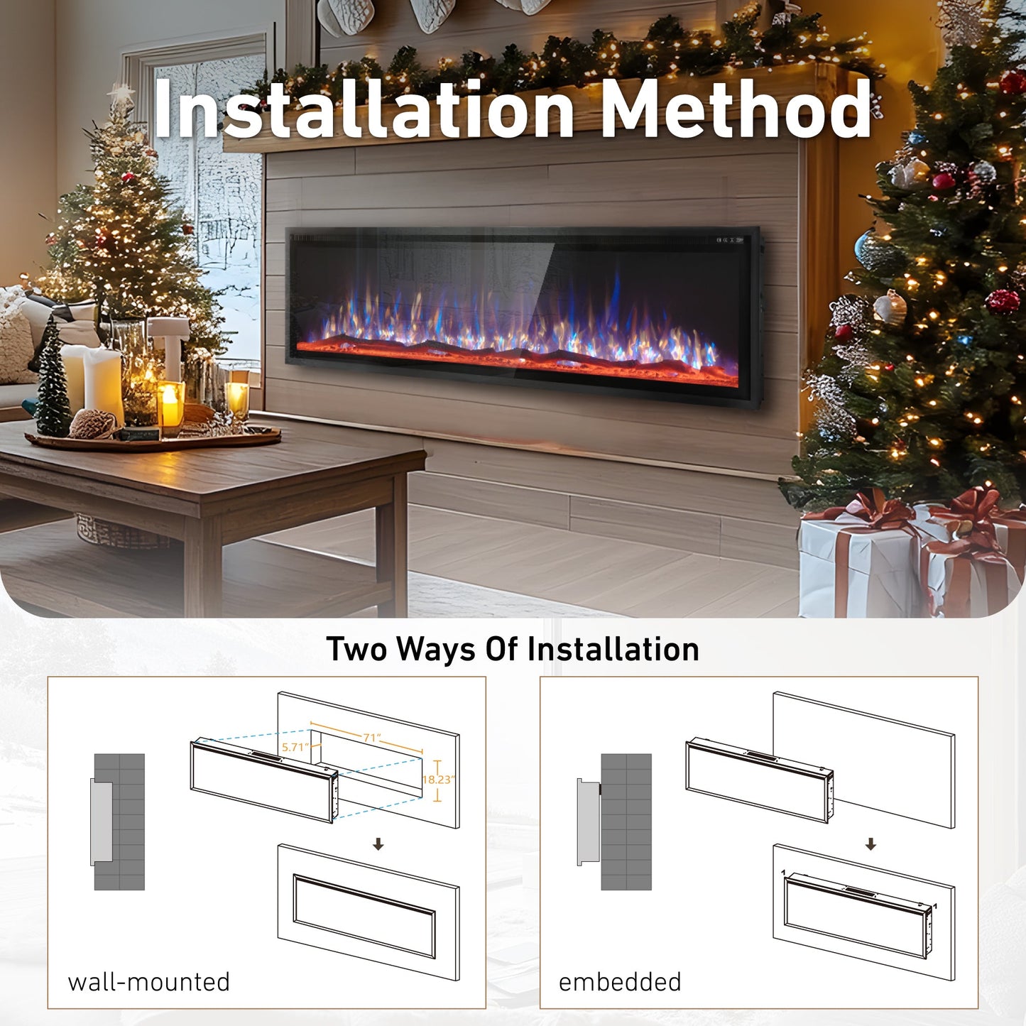 Sophia & William 72" Electric Fireplace,Recessed Wall Mounted Fireplace Insert,Ultra-Thin Linear Fireplace