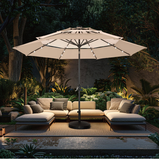 Alpha Joy 10ft 3 Tier Auto-tilt Outdoor Patio Umbrella Beach Garden Double Vented Table Umbrella with Solar Lights, Beige & Tan