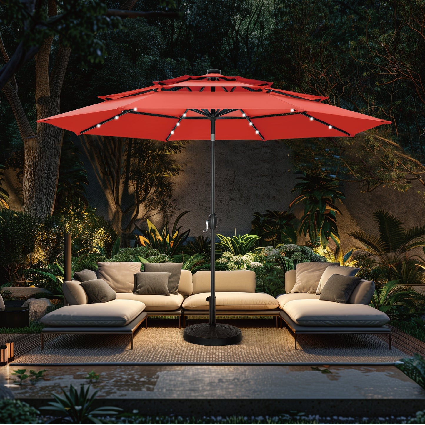 Alpha Joy 10ft 3 Tier Auto-tilt Outdoor Patio Umbrella Beach Garden Double Vented Table Umbrella with Solar Lights, Orange Red