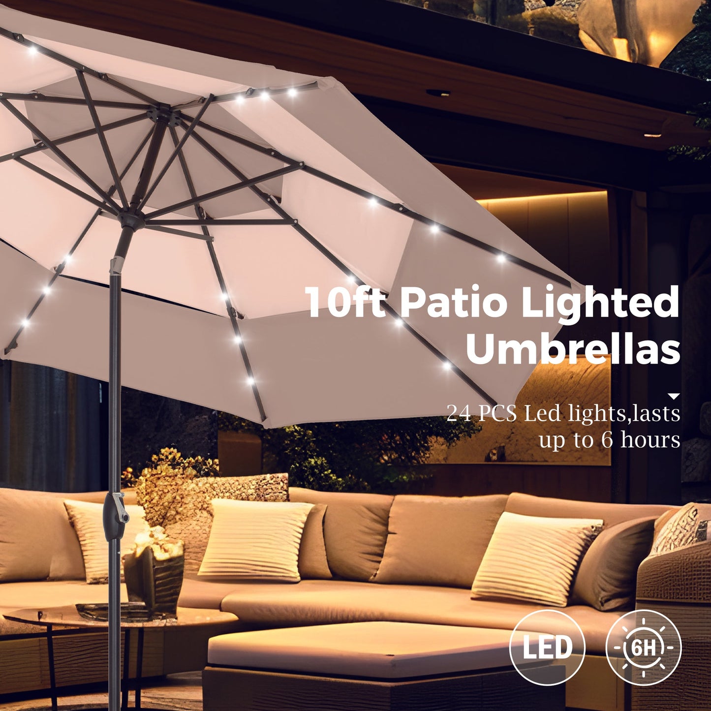 Alpha Joy 10ft 3 Tier Auto-tilt Outdoor Patio Umbrella Beach Garden Double Vented Table Umbrella with Solar Lights, Beige & Tan