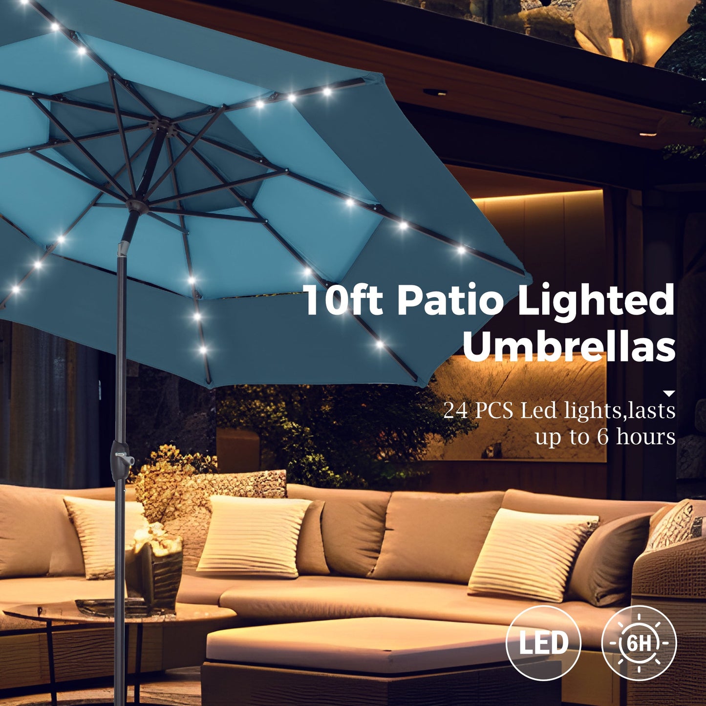 Alpha Joy 10ft 3 Tier Auto-tilt Outdoor Patio Umbrella Beach Garden Double Vented Table Umbrella with Solar Lights, Peacock Blue & Cerulean