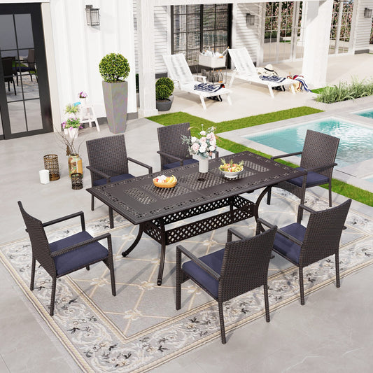 Sophia & William 7 Pieces Outdoor Patio Dining Set Extendable Rectangular Cast Aluminum Metal Table & Cushioned Wicker Rattan Chairs Set for 6