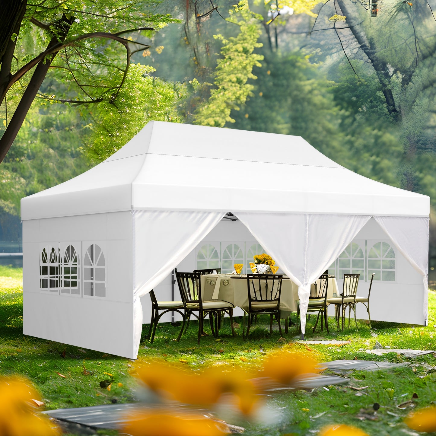 10'x 20' Easy Setup Pop Up Canopy with 4 Removable Sidewalls & Carrying Bag,4 Weight Bags - White