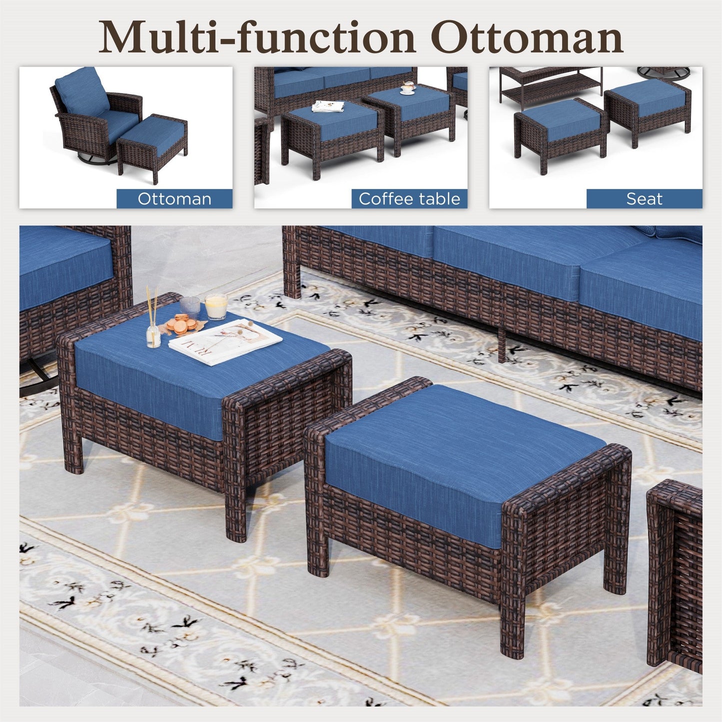 Sophia & William 6 Pieces Wicker Patio Conversation Set 7-Seat Outdoor Furniture Set with Swivel Chairs, Navy Blue