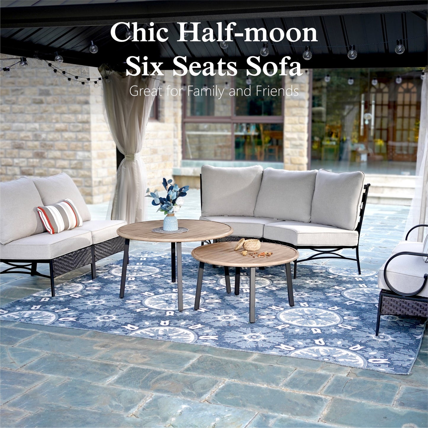 Sophia & William 6 Seat Patio Outdoor Furniture Set Half-Moon Sectional Sofa Metal Conversation Set & 2 Wood-like Coffee Tables