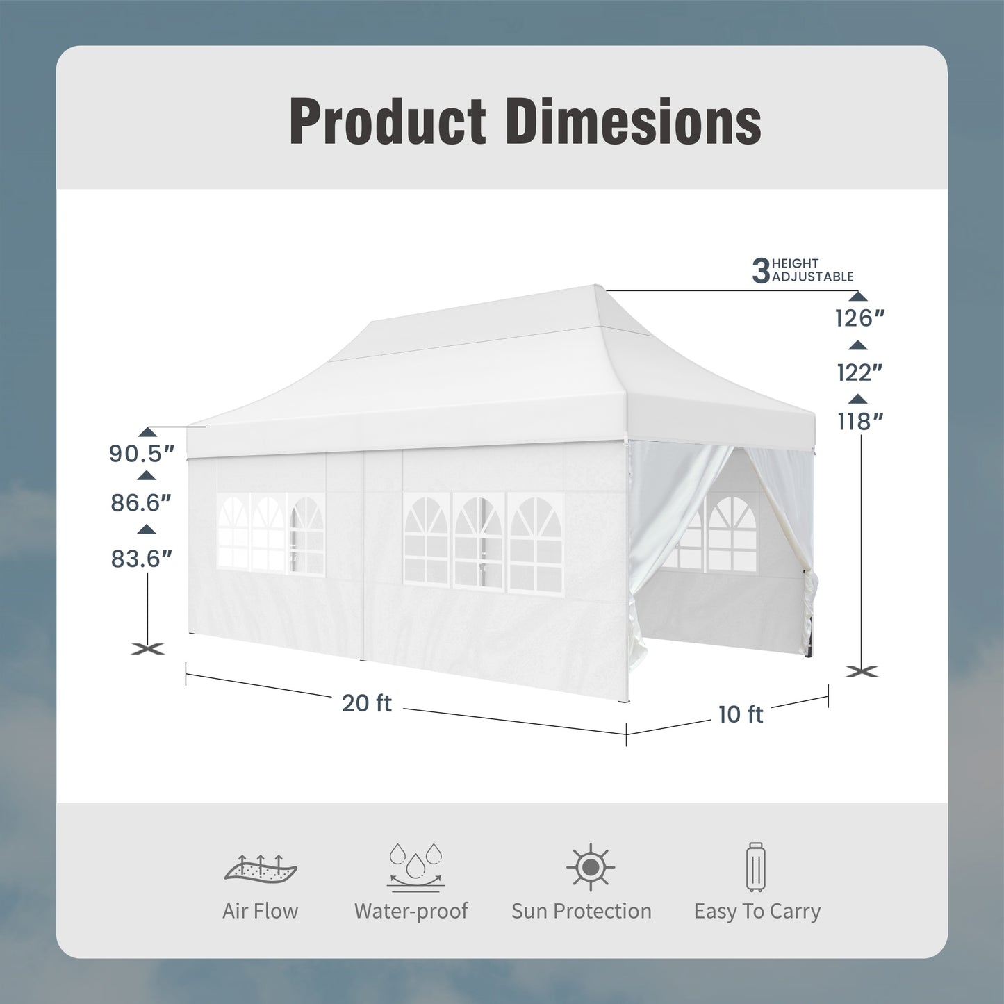 10'x 20' Easy Setup Pop Up Canopy with 4 Removable Sidewalls & Carrying Bag,4 Weight Bags - White