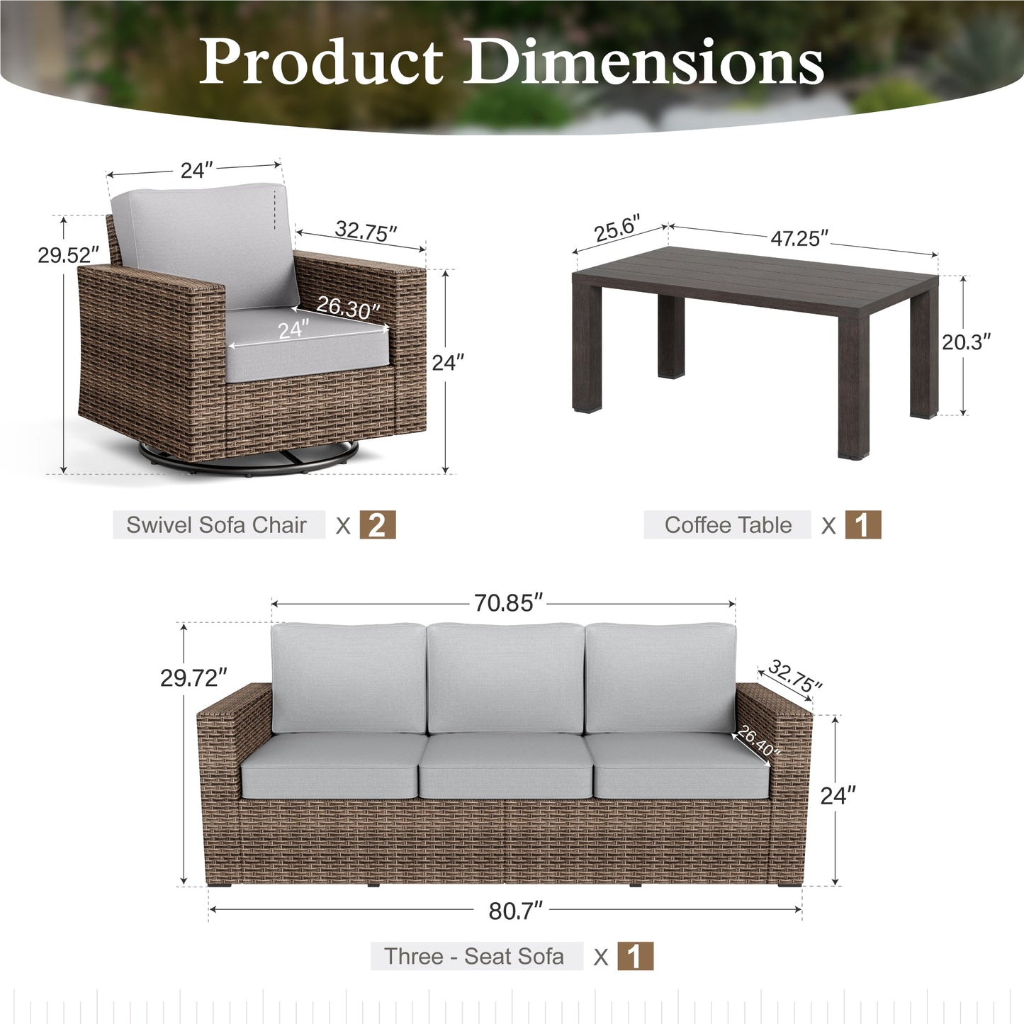 Sophia & William 4 Pieces Patio Furniture Set 5 Seats Wicker Outdoor Conversation Sofa Set with Swivel Chairs, Grey