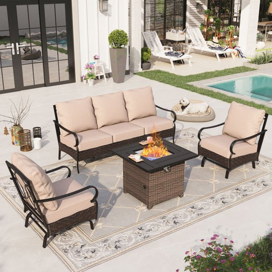 Sophia & William 4 Piece Metal Patio Conversation Sofa Set 5-Seat Outdoor Sectionals with Fire Pit Table