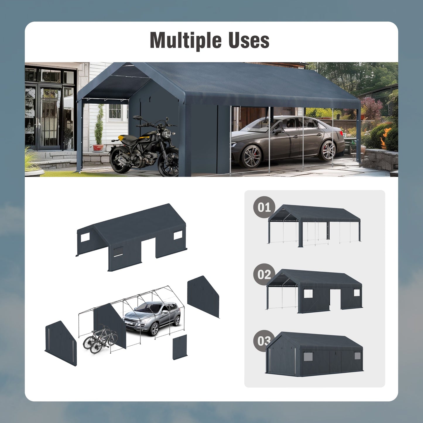 Alpha Joy 13 x 24 x 9.6 ft Portable Storage Shed Outdoor Heavy Duty Carport with Roll-up Ventilated Windows for Patio Furniture