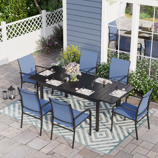 7 Piece Patio Metal Dining Set Expandable Patio Dining Table and 6 Blue Textilene Chairs