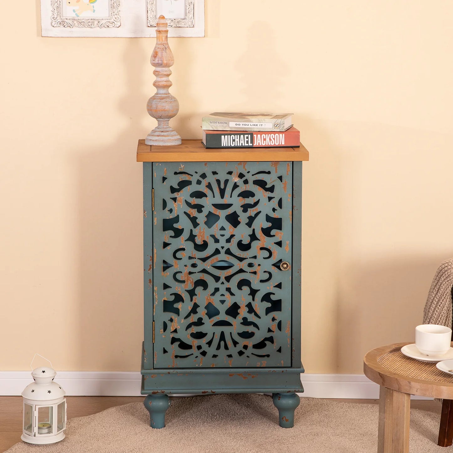 Sophia & William Hollow-Carved Accent Cabinet End Table for Living Room,Bedroom-Blue