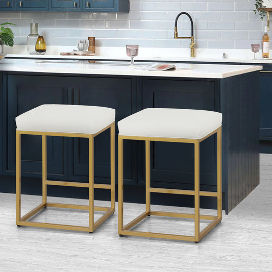 Sophia & William 24" Square Modern PU Leather Bar Stools with Golden Frame-Set of 2-White