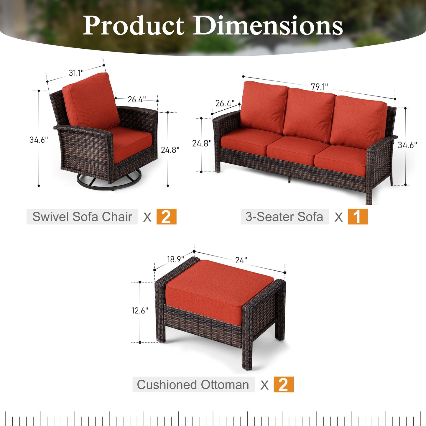 Sophia & William 5 Pieces Wicker Patio Conversation Set 7-Seat Outdoor Furniture Set with Swivel Chairs, Red