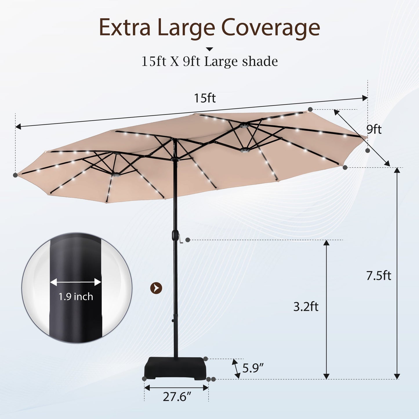 Alpha Joy 15ft Extra Large Outdoor Patio Double-Sided Umbrella with Solar Lights & Umbrella Base, Beige