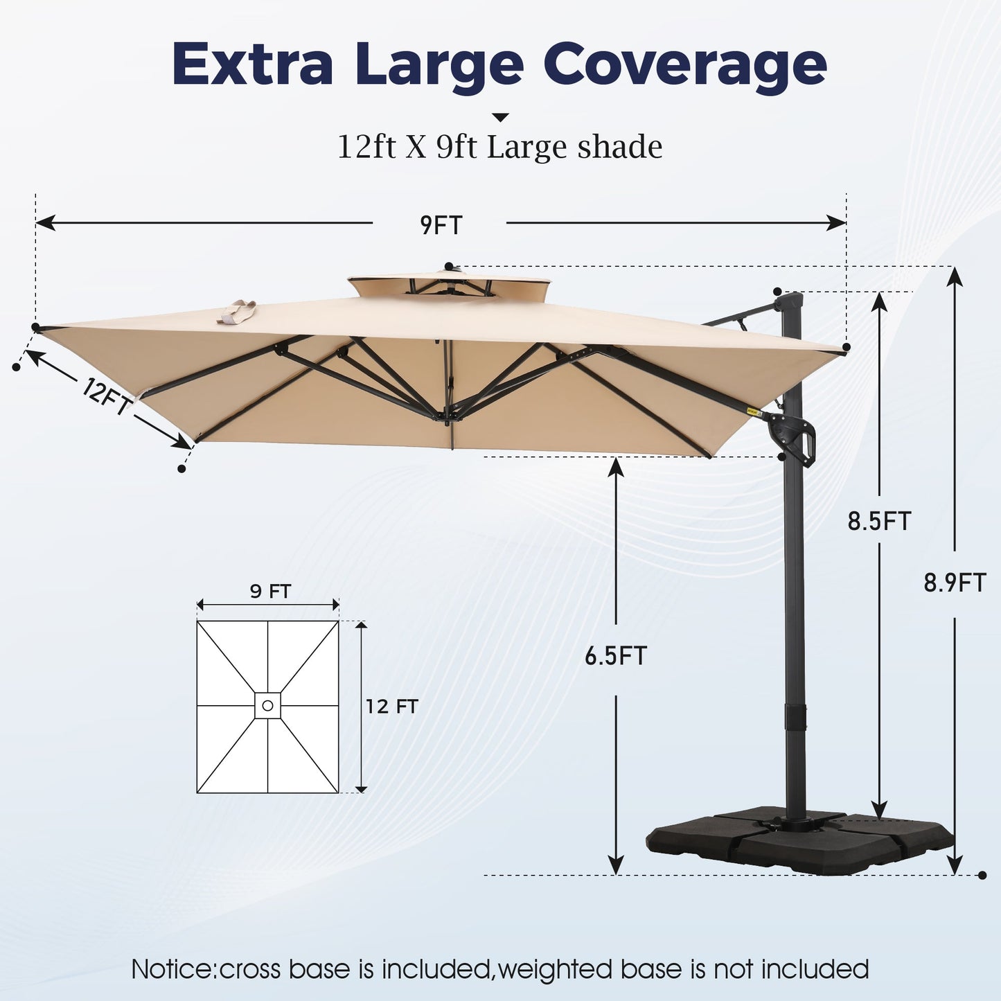 Alpha Joy 12x9ft Outdoor Patio Large Square Cantilever Double Umbrella with 360¡ãRotation, Beige