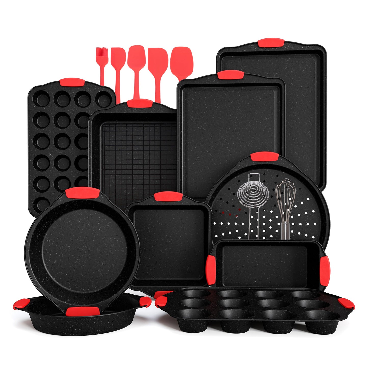 Sophia & William 18 Pieces Stackable Nonstick Carbon Steel Baking Pans Set with Red Silicone Handles, Black