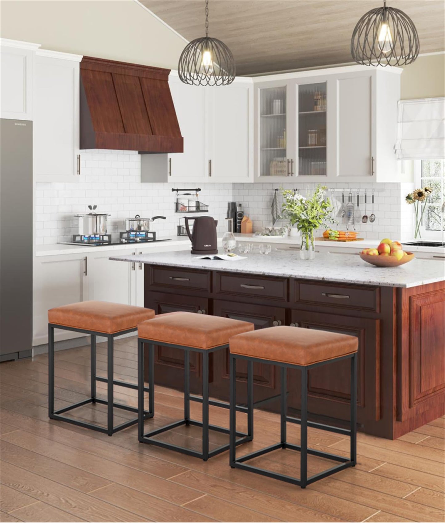 Sophia & William 24" Bar Stools Set of 3, Counter Height Bar Stools for Kitchen Island,Modern PU Leather Backless Barstools, Upholstered Counter Stools ,Brown