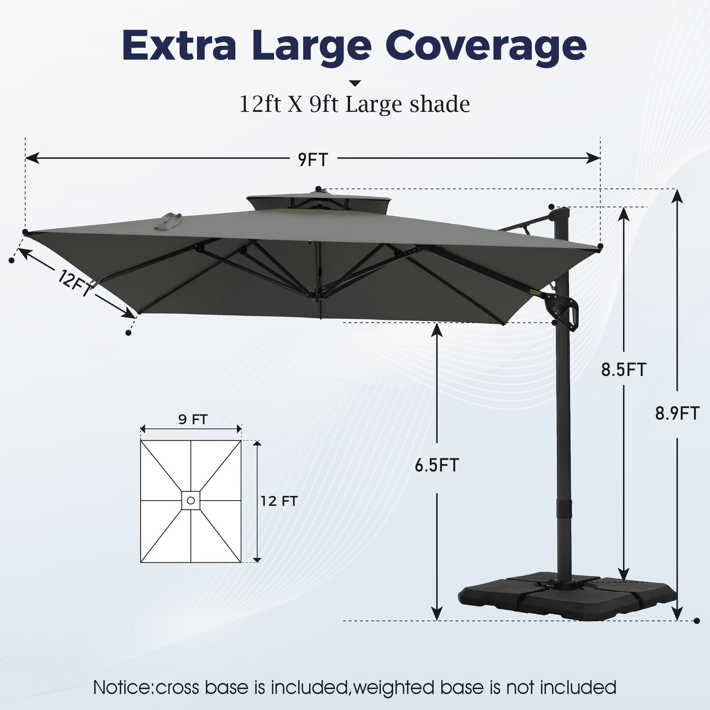 Alpha Joy 12x9ft Outdoor Patio Large Square Cantilever Double Umbrella with 360¡ãRotation, Grey