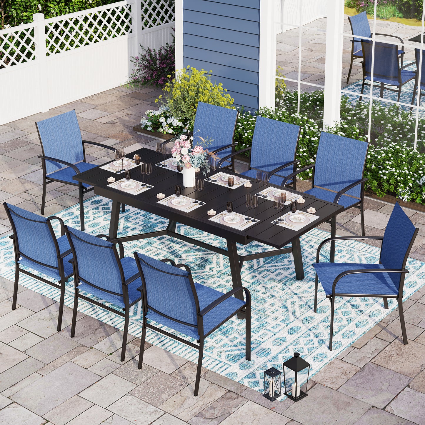 Sophia & William 9 Piece Patio Metal Dining Set Extendable Table and 8 Blue Textilene Chairs