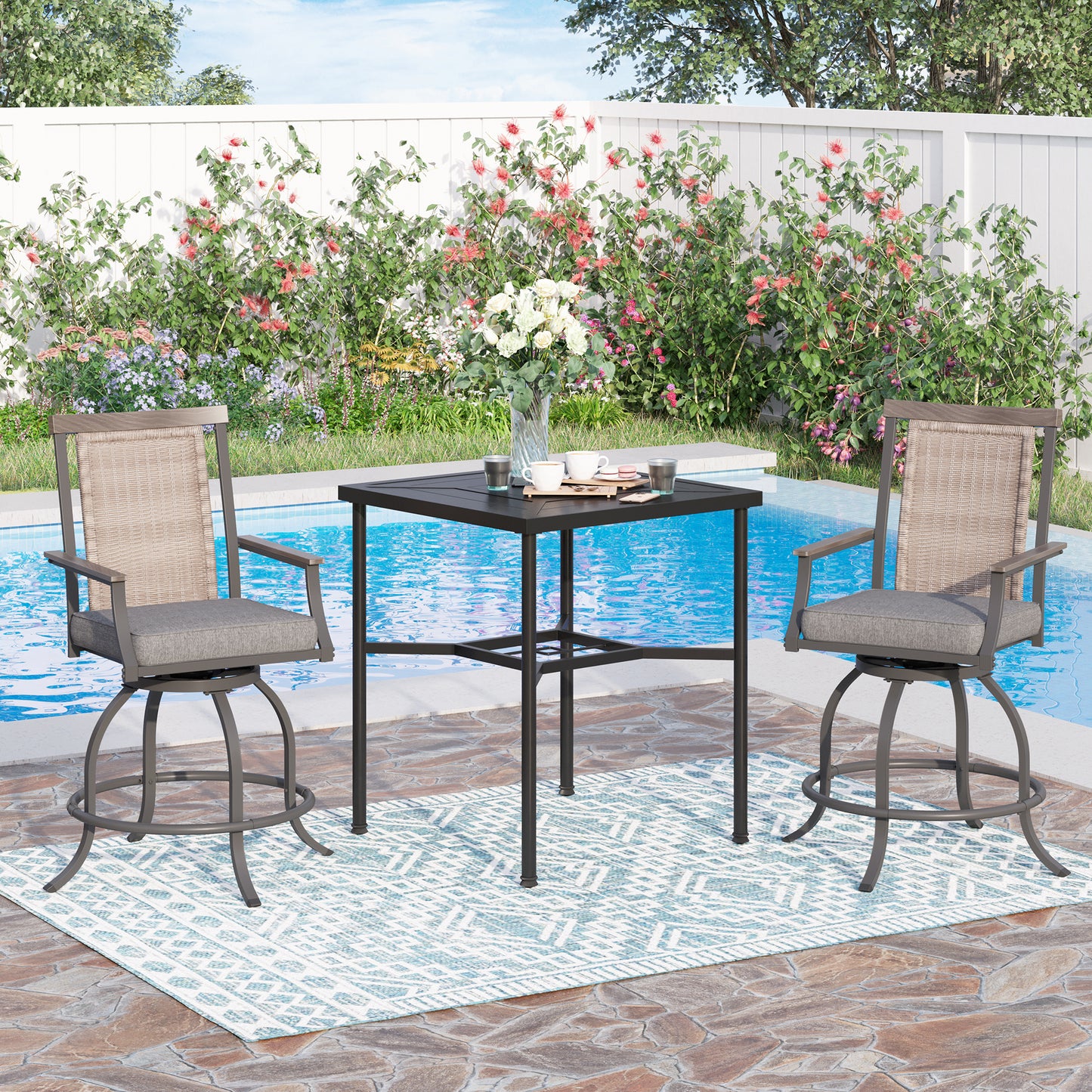 Sophia & William 3 Pieces Swivel Bar Set Rattan Backrest and Padded Cushion Bar Chair & Square Metal Table