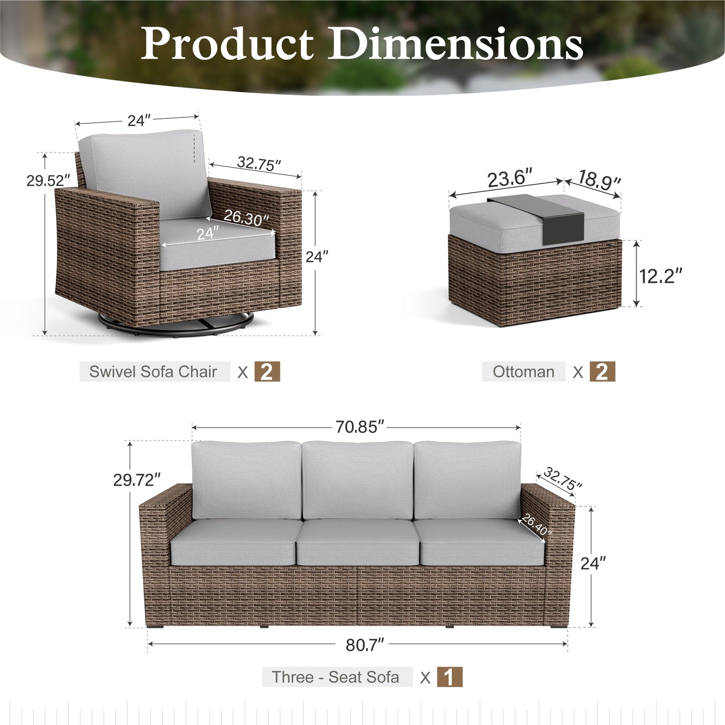 Sophia & William 5 Pieces Patio Furniture Set 7 Seats Wicker Outdoor Conversation Sofa Set with Swivel Chairs, Grey