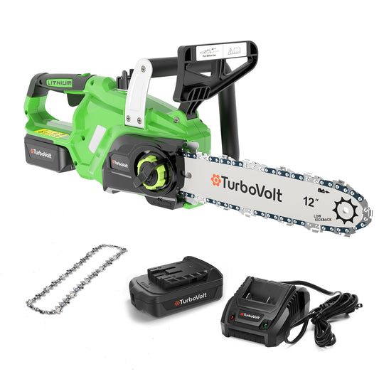 Alpha Joy 12" Cordless Chainsaw with 4Ah Battery & Charger + Tool-free Tension, Green