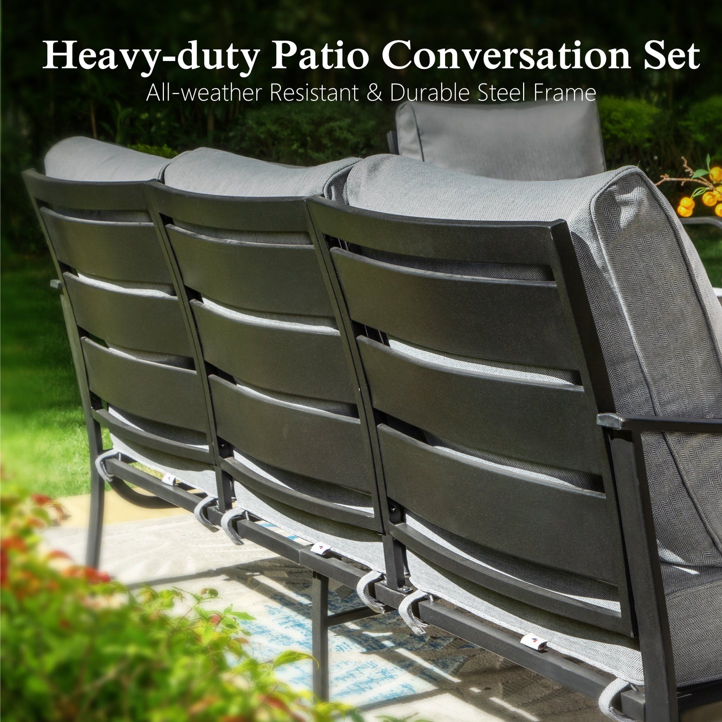 Alpha Joy 5 Piece Outdoor Patio Furniture Set Metal Conversation Set with Swivel Sofa Chairs & Ottomans, Gray