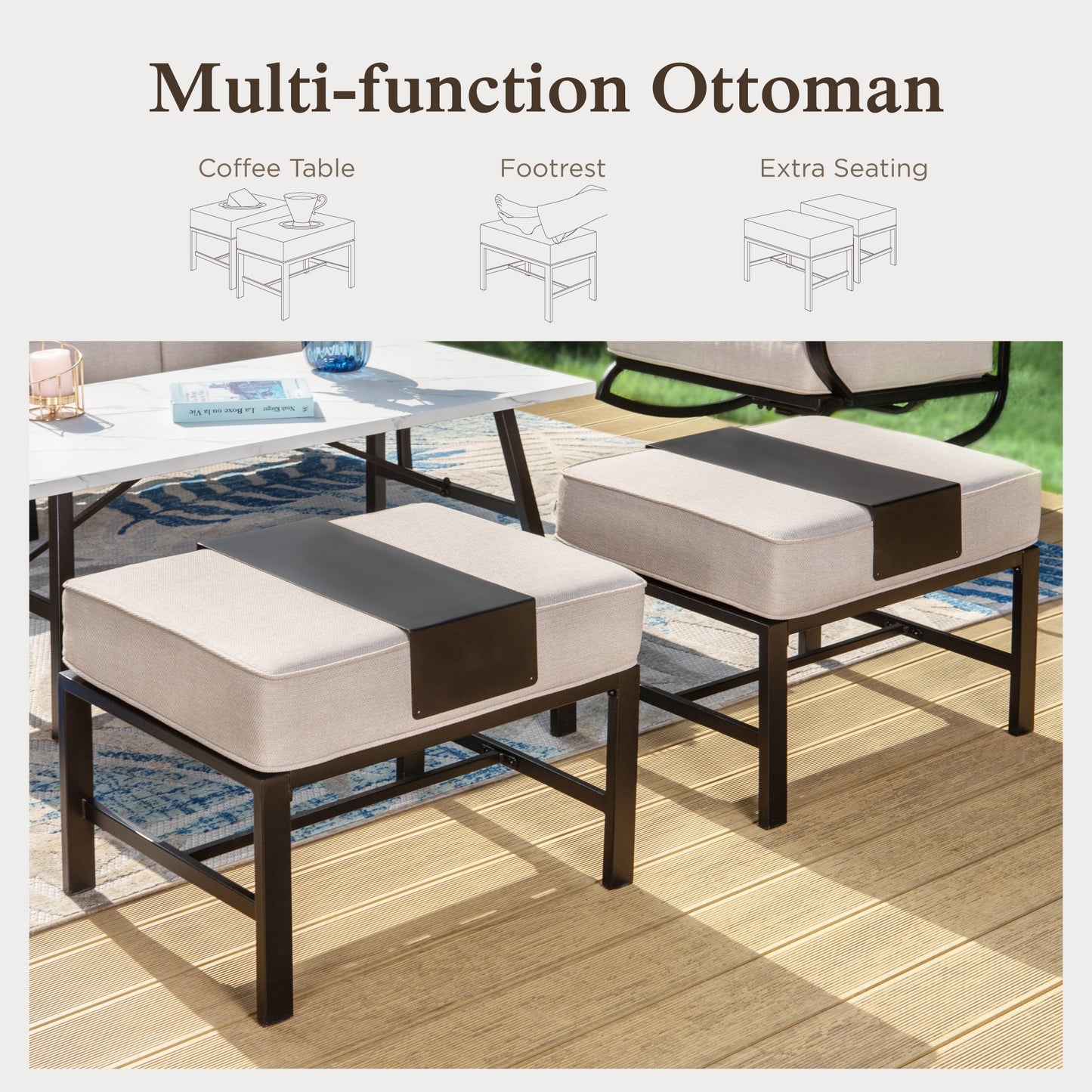 Alpha Joy 9 Seat Outdoor Patio Furniture Set Metal Conversation Set with 2 x Swivel & 2 x Fixed Sofa Chairs & 2 x Ottoman, Beige